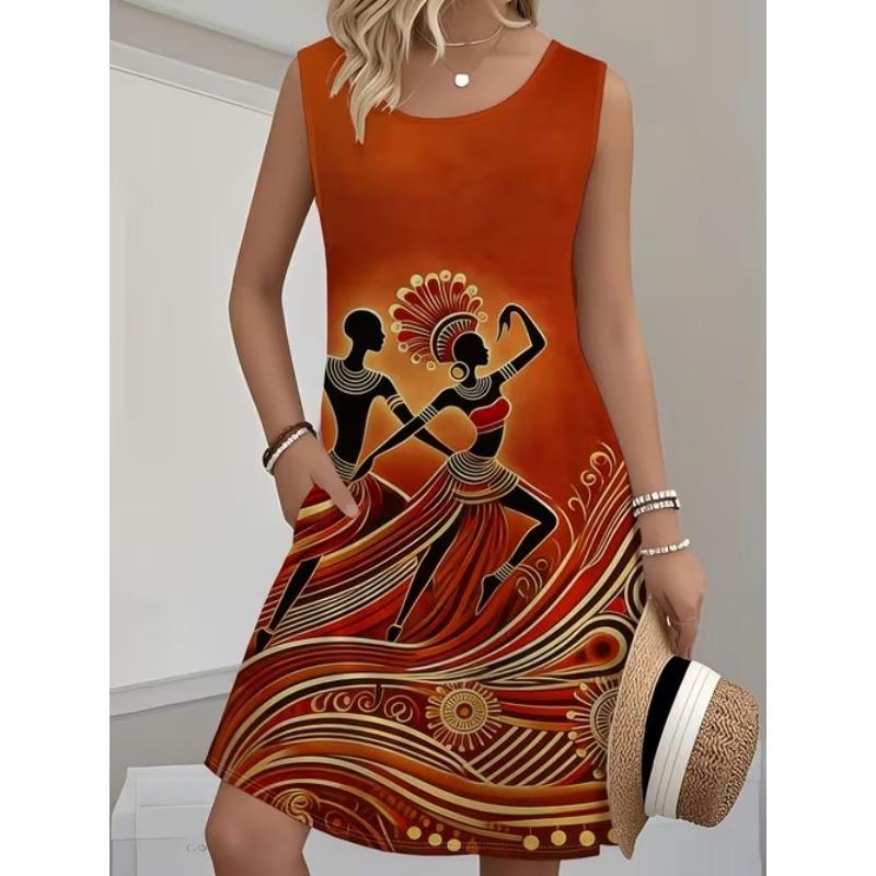 Women's Vintage Pattern Printed Sleeveless Round Neck Dress Loose Soft and Comfortable Plus Size Dress