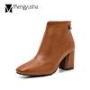 Black/brown Leather Chunky Ankle Boots Ladies Back Button Zipper Chelsea Booties Women Brief All-match High Heels Bottes Female