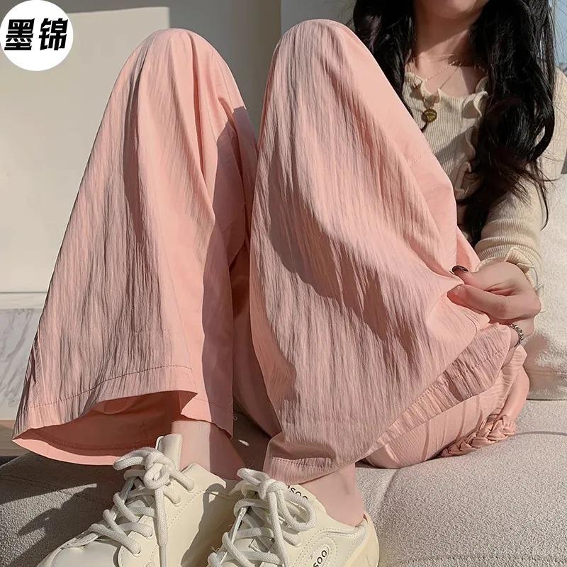 Women s Pink Crinkle Wide Leg Pants Casual High-Waisted Flowy Trousers S розовый