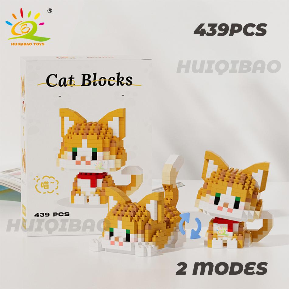 HUIQIBAO Cute Cat Micro Model Building Block Kids Mini Pets City Cartoon Animal Diamond Bricks Educational Toys Children Gift