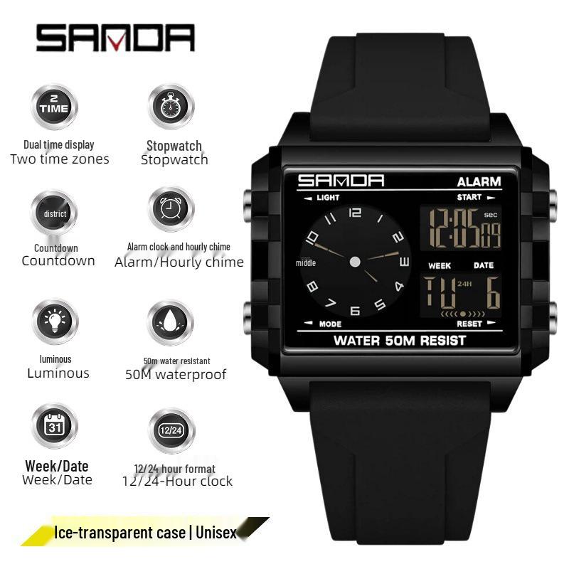 Sanda Dual Time Waterproof Transparent Sports Wristwatch with Colorful Single Display and Student Timer Function