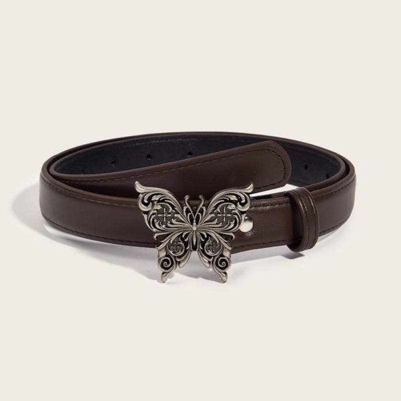 Stylish Retro Butterfly Women's Belt Crafted From Smooth Pu Material In Black And Coffee