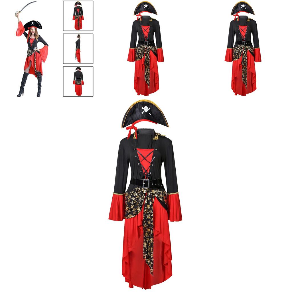 Damen Piratenkostüm Set Mit Rotem Kleid Hut Und Gürtel Perfekt Für Halloween Partys
