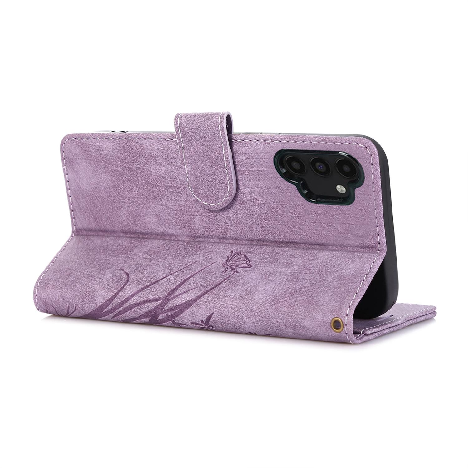 

For Samsung Galaxy A13 4G/5G Orchid Butterfly Leather Wallet Case with Strap Purple