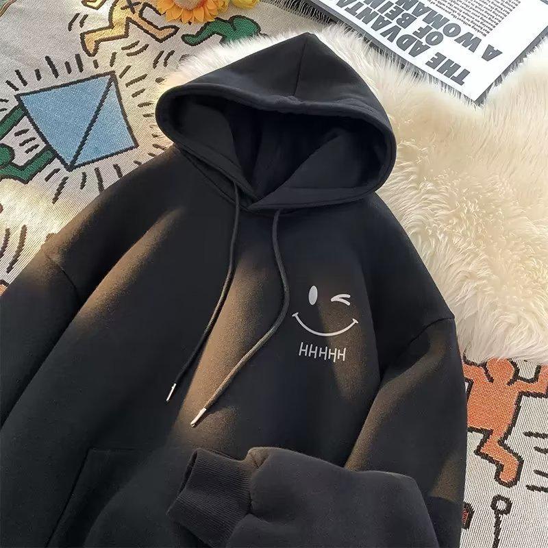 Smiling Face Unisex Hoodie - Spring/Autumn 2024 Trendy Fleece-Lined Loose Fit