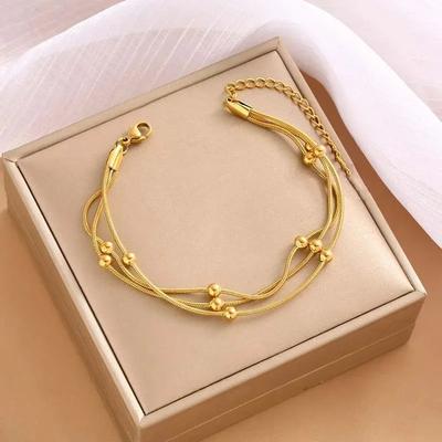 Stainless Steel Beaded Round Elegant Snake Chain Gold Color Bracelets for Women Vintage Metal Multi Layer Charm Bracelet