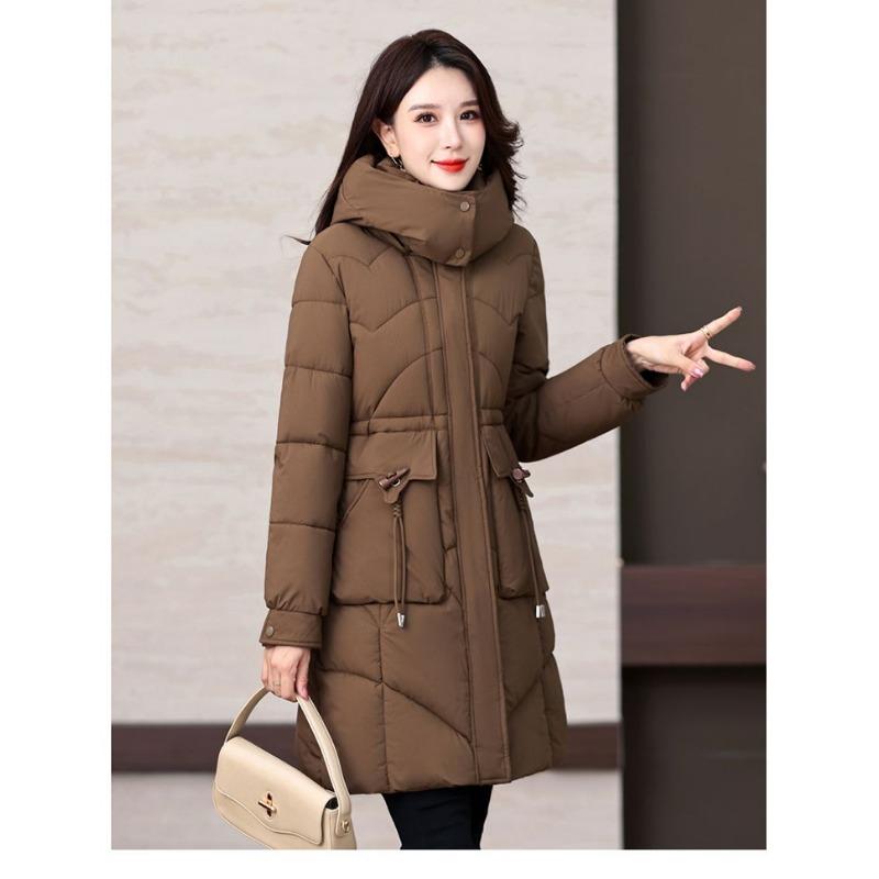 Winter Women Medium To Long Cotton Jacket Thickened Warm Casual Stand Collar Hooded Parker Coat Solid Color Warm Cotton Jacket