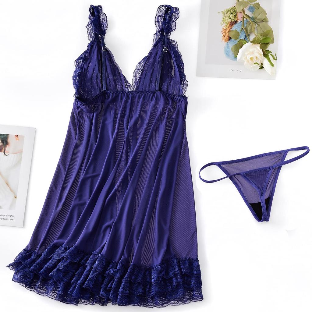 Babydoll Lingerie Nightgown Smooth and Soft Fabric Cute Long Ribbon Lots of Volume Ruffles [Synlala] See-Through