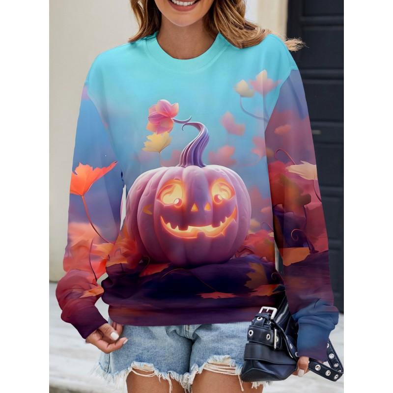 Womens Casual Hoodie With 3D Halloween Print Round Neck Lightweight Breathable Fabric