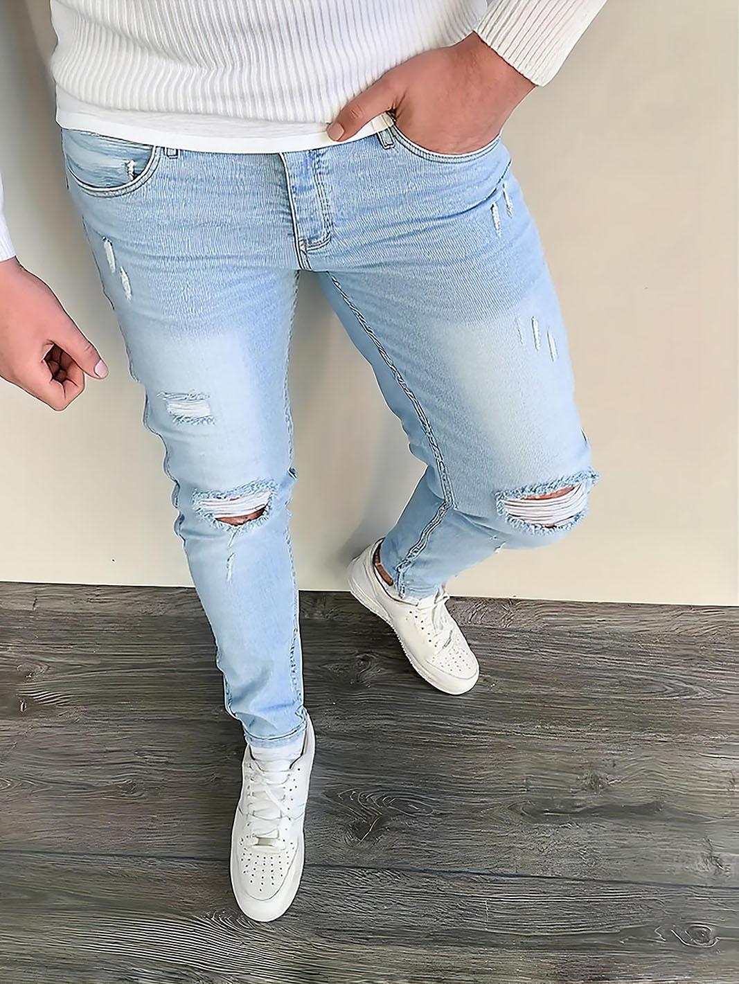 Summer New Men S Slim-Fit Ripped Jeans Elastic Trousers Men S Pants Light Blue S