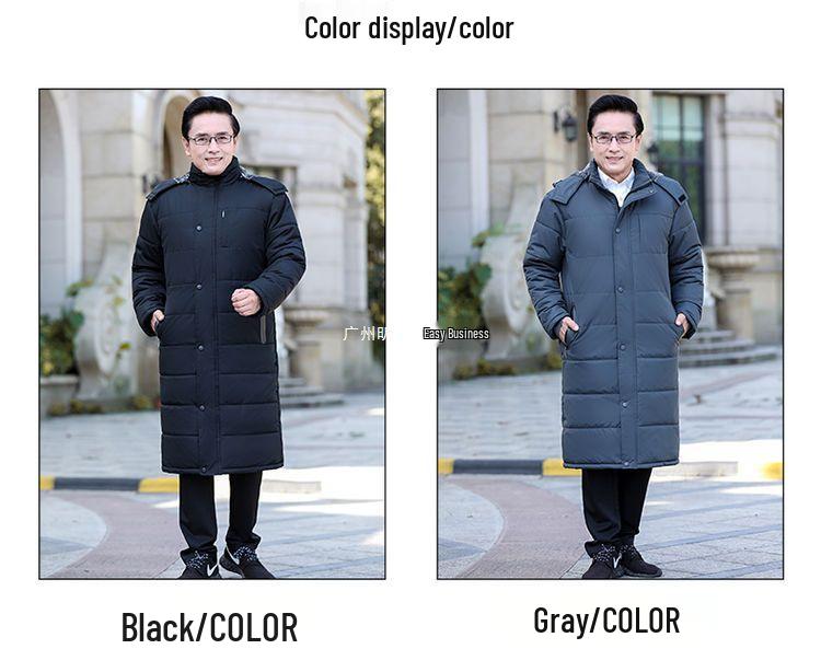 Extra Long Winter Jacket for Middle-Aged & Elderly Men - Thickened, Fleece-Lined, Grandpa Style, Warm Cotton Padded, Over-the-Knee Design