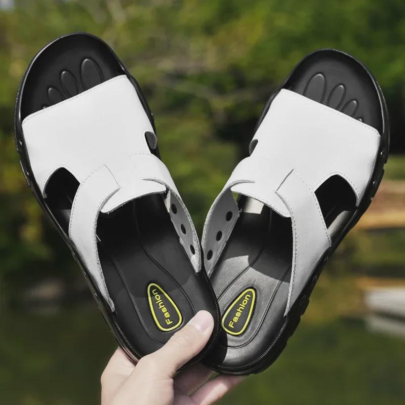 Men's Large Size Breathable Leather Sandals (Sizes 45-52) with Soft Soles, Wide Fit, and Flip Flop Style.