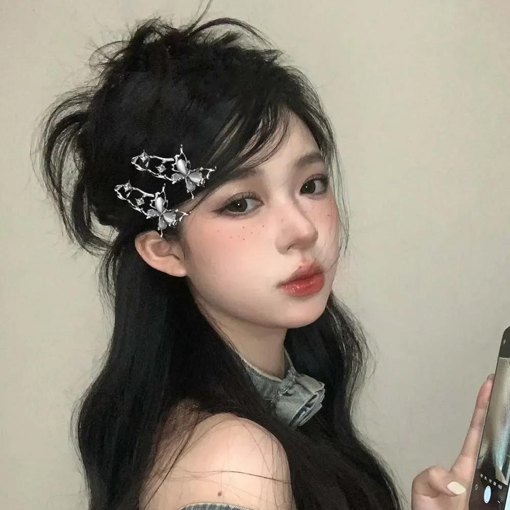 1/2pcs Y2K Irregular Liquid Metal Hairpin Butterfly Zircon Hair Clips Girl Fashion Silver Bang Clip for Women Hair Accessories
