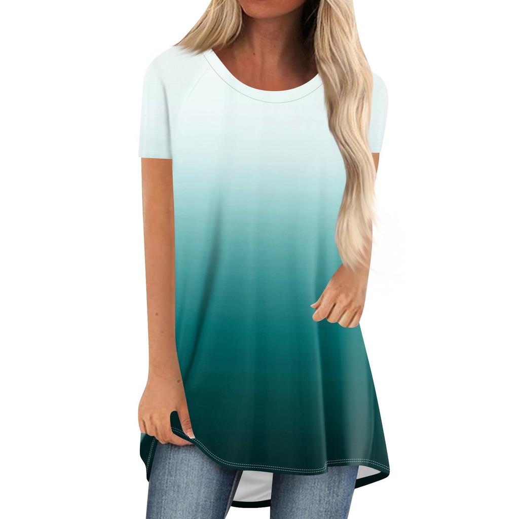 Gradient Color 3D Print Long T-Shirts Women Casual Streetwear Oversized O-Neck Short Sleeve T Shirt Y2K Tops Tees Woman Clothing