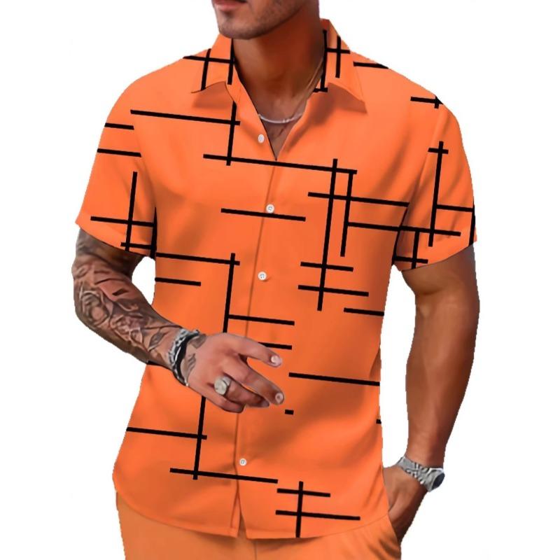 Herrsvart Abstrakt Linjetryck Kubansk Krage Kortärmad Sommar