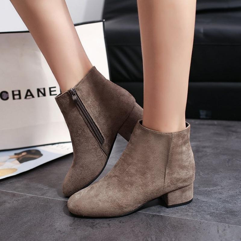 Ankle Boots Women Autumn New Square Head Suede Thick Heel Single Boots Low Barrel Mid Heel Side Zipper Solid Color Women Boots