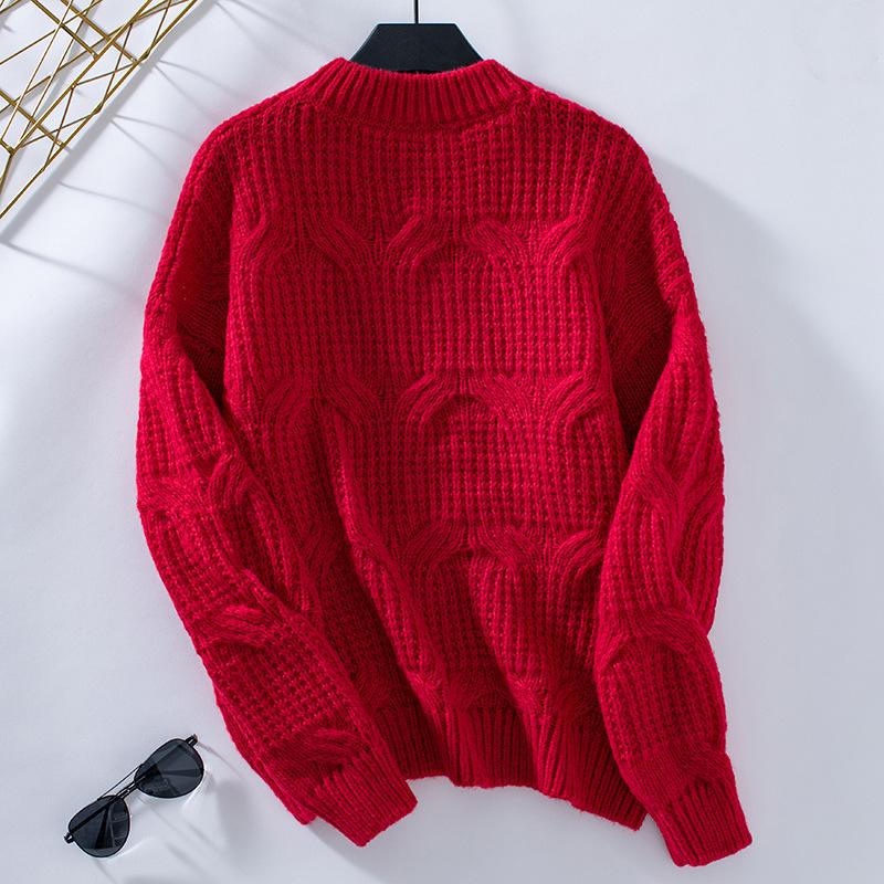 Women's Sweater Autumn and Winter Solid Color Pullover Cable Crew Neck Chunky Sweater