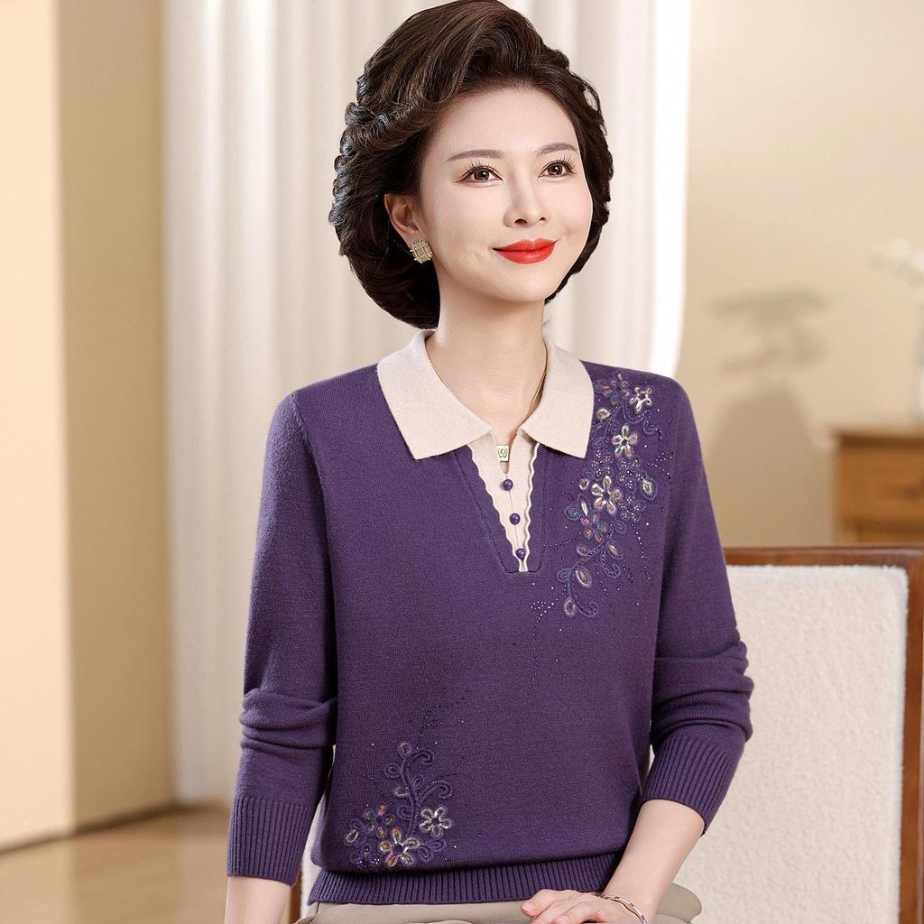 Elegant Embroidered Knit Lapel Sweater for Middle-Aged & Elderly Women - Autumn/Winter Style