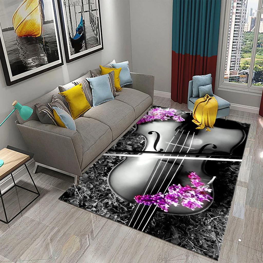 3D Violin Carpet Modern Music Flower Area Rug for Kitchen Bathroom Anti-Skid Rug Carpet Home Decor Living Room Bedroom Floor Rug