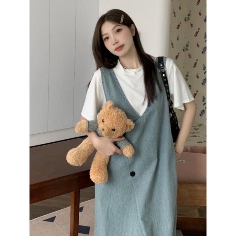 Korean Hepburn Style Blue Denim Maternity Overalls - Slimming, Age-Reducing M