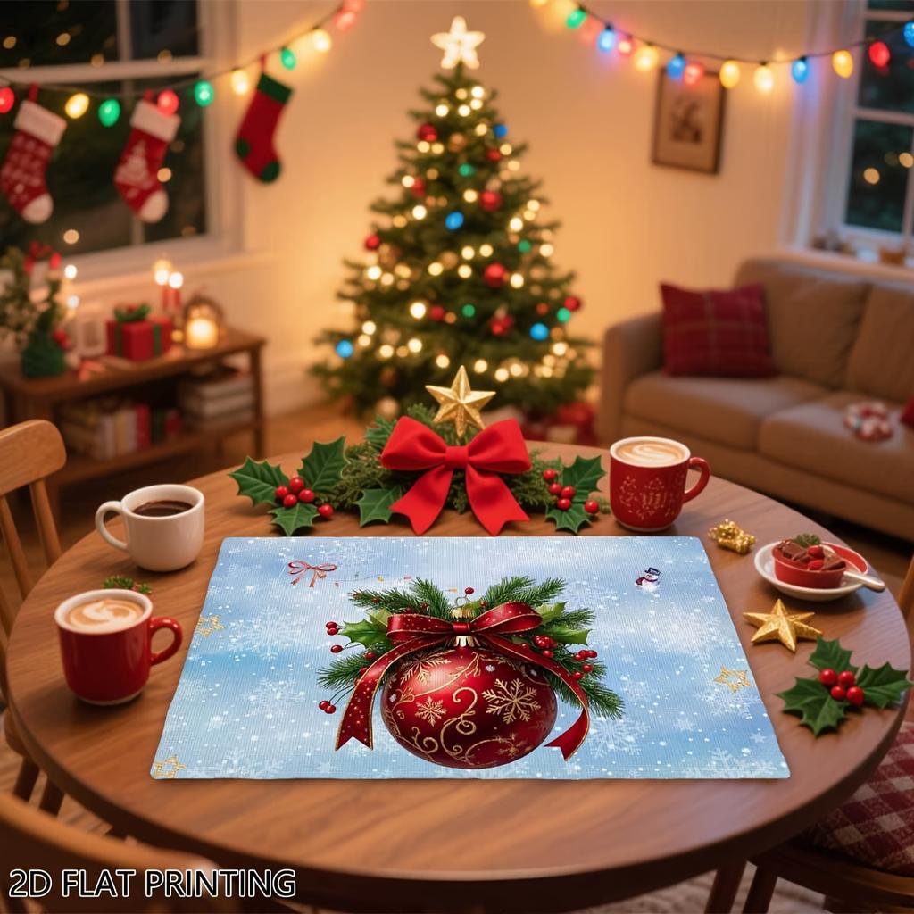 4pc Christmas Ball Printed Placemat Waterproof Anti Hot Holly Berry Pattern Placemat Holiday Decoration