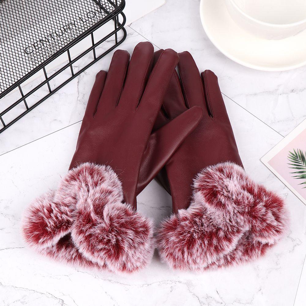 Plus Velvet Waterproof Windproof Touch Screen Mittens Faux Fur Gloves Cashmere Gloves PU Leather