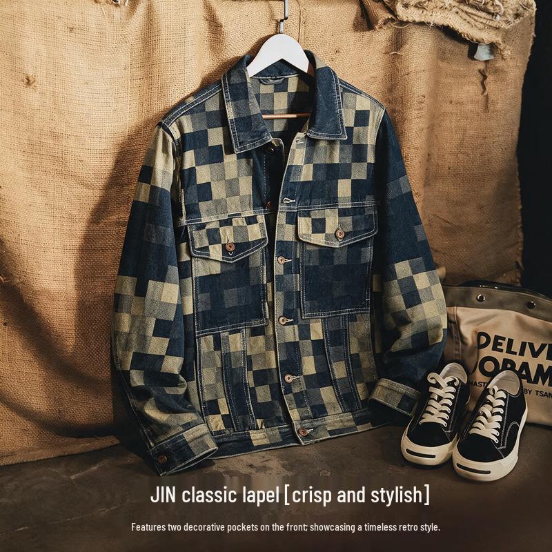 GUANGAN AEPE Men's American Retro Plaid Denim Jacket