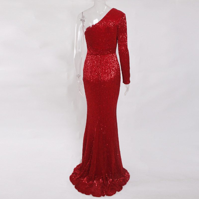 European and American New Style Plus-Size Evening Dress, Birthday Sequin One-Shoulder Backless Mermaid Luxurious Long Gown for Parties Red S