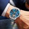 OLEVS Automatic Mechanical Skeleton Diamond Starry Sky Waterproof Date Luminous Watch for Men Stainless Steel Stylish Brand Blue
