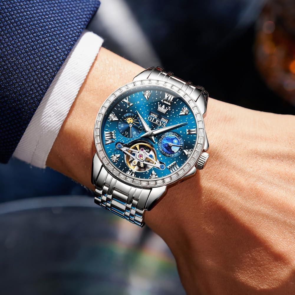 OLEVS Automatic Mechanical Skeleton Diamond Starry Sky Waterproof Date Luminous Watch for Men Stainless Steel Stylish Brand Blue