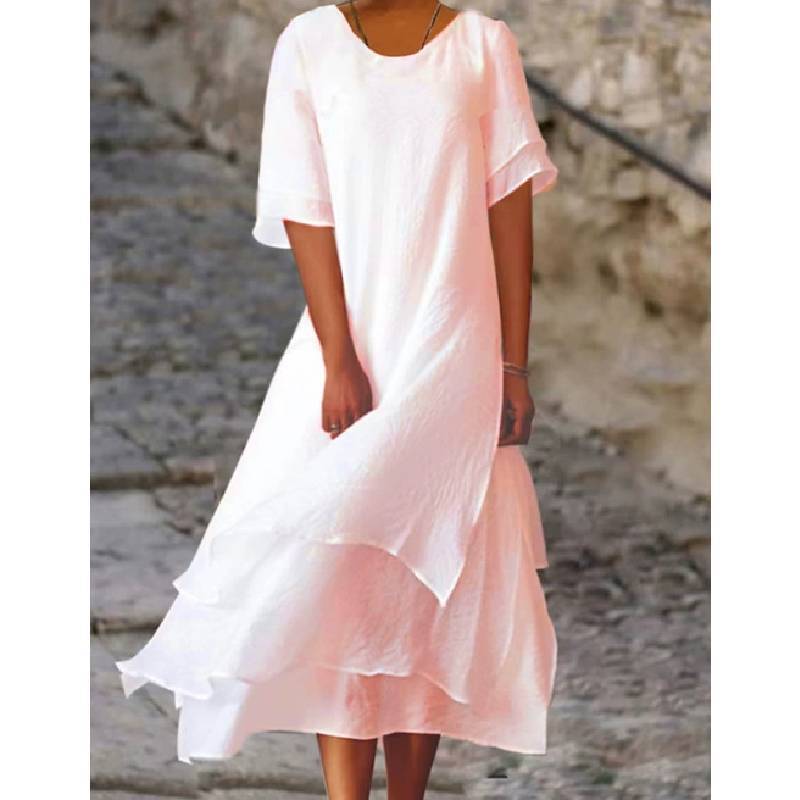 Vestido de Verano de Algodón y Lino de Doble Capa con Bloques de Color y Manga Corta de Cuello Redondo para Uso Casual