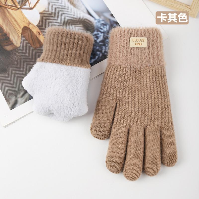 Knitted gloves, women's autumn and winter warm outdoor cycling cold-proof double-layer velvet thickened, touch screen gloves