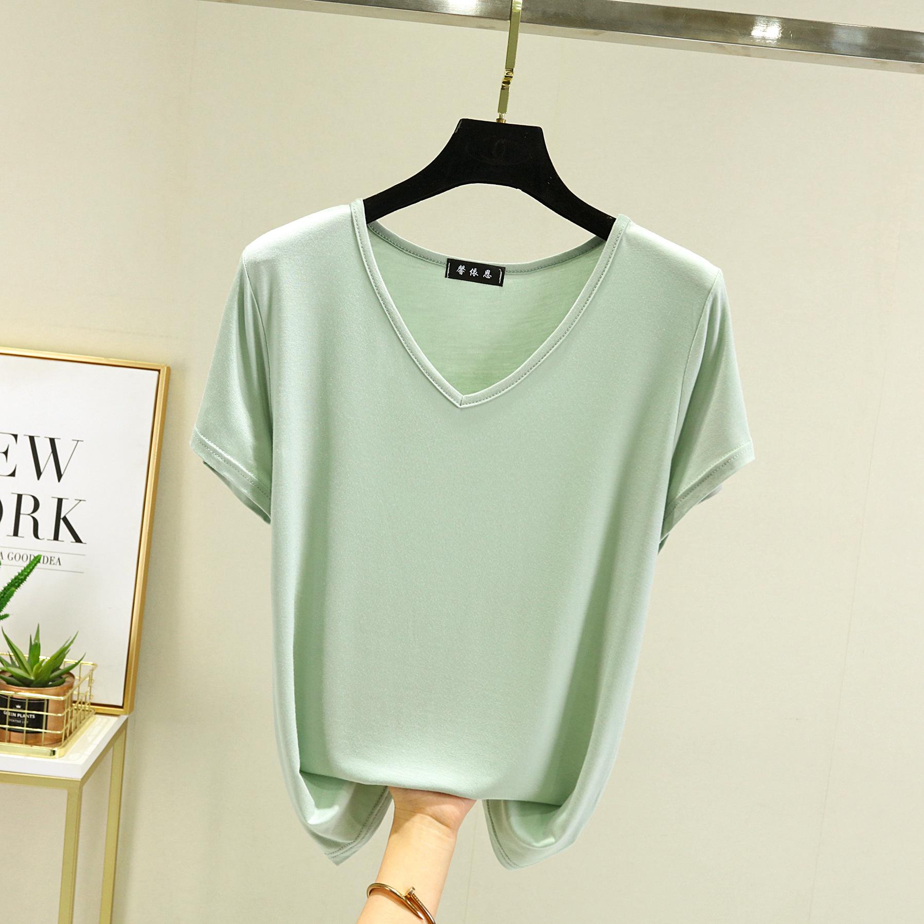 

Летние женские модальные футболки с v-образным вырезом, футболки с тонким дном, свободные футболки больших размеров, уличная одежда, базовый топ 2XL светло-зеленый