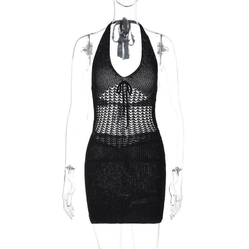 

V-neck Hanging Neck Backless Knitted Dressv Collar Backless Knitted dress Black S