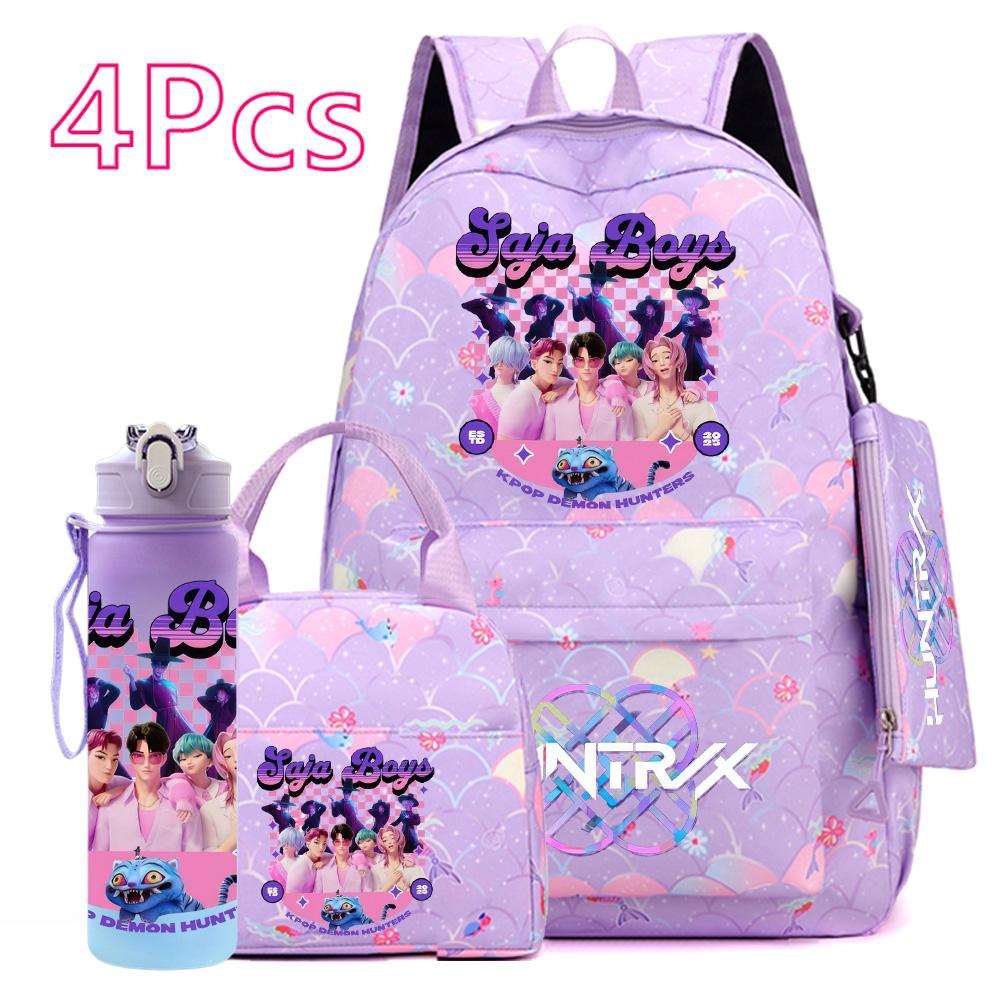 4Pcs/set Anime Cute Printed Backpack Large Capacity Bookbag HandBag Case Bag with 750ml Water Bottler Boy Girl SchoolBag Waterproof Mochila