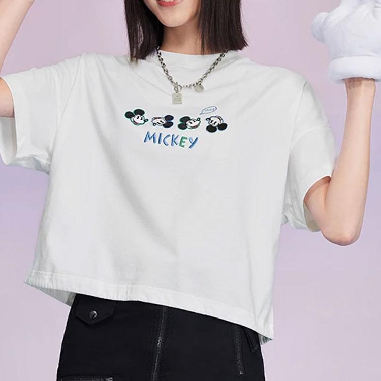 Li Ning X Disney Collaboration Sports Lifestyle Series Mickey Print Crew Neck Pullover Short Sleeve T-Shirt Women Tops White AHSS876-1
