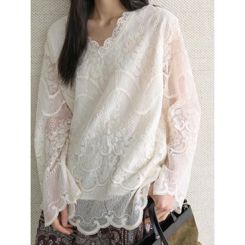 Elegant 3D Embroidered Lace V-Neck Double-Layer See-Through Top for Women