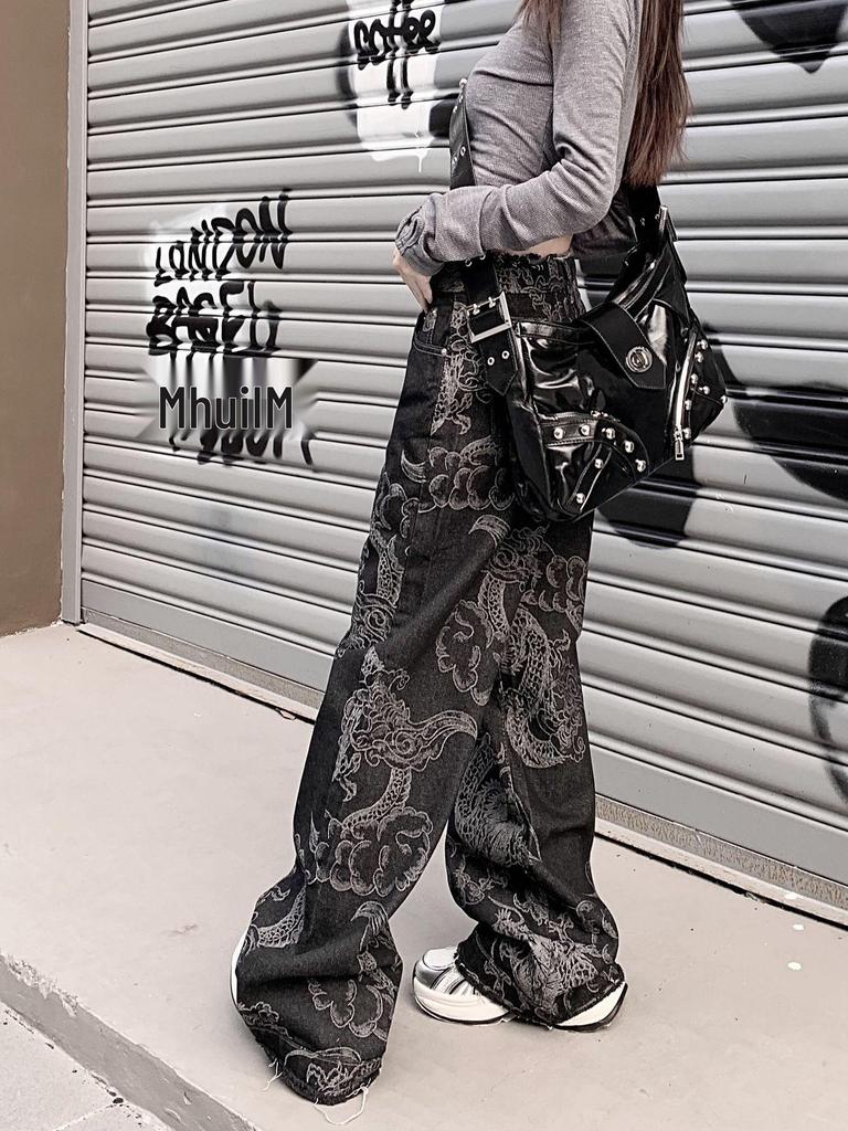 Dragon Pattern Raw Edge Wide-Leg Jeans: Trendy Unisex Slim-Fit Pants