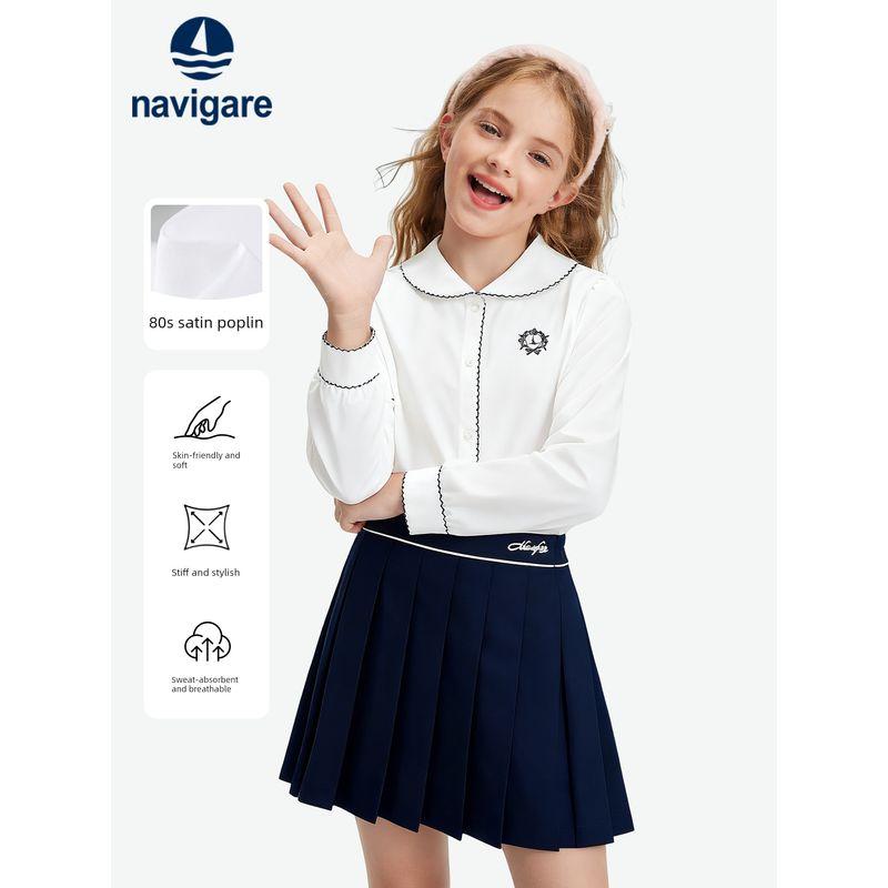 Navigare Italian Small Sailboat Kidsren's Shirt 2026 Spring & Fall New Style Girls' Cotton Long-Sleeved Doll Collar