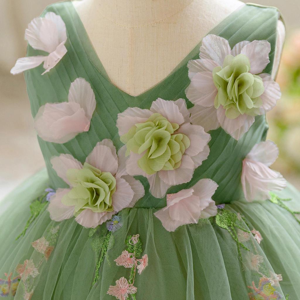 Avocado Green Applique Flower Girl Dress with Puffy Skirt