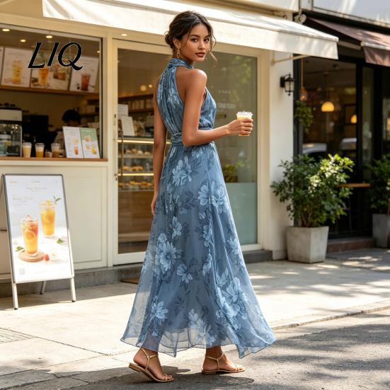 Casual Loose Fit Dress Floral Chiffon for Women, Halter Sleeveless Ruched Maxi Off-shoulder Dress, Turtle Neck Wedding Guest Cocktail Evening