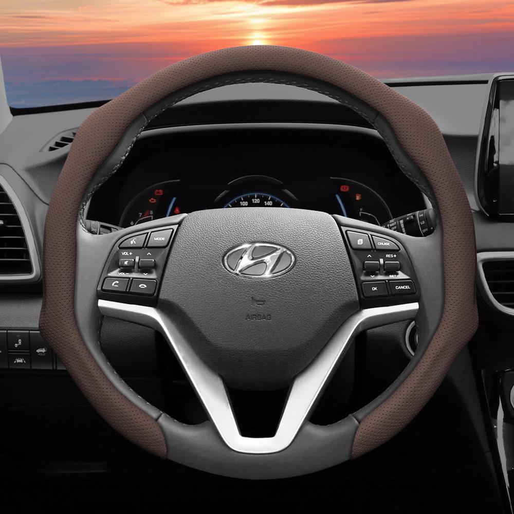Suitable for Hyundai Perforated Leather Steering Wheel Cover, Non-Slip, Sweat-Absorbent, Breathable, Integrated Protective Case Elantra N Sonata Ioniq