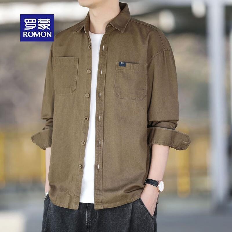 ROMON Men's Washed Pure Cotton Long Sleeve Shirt