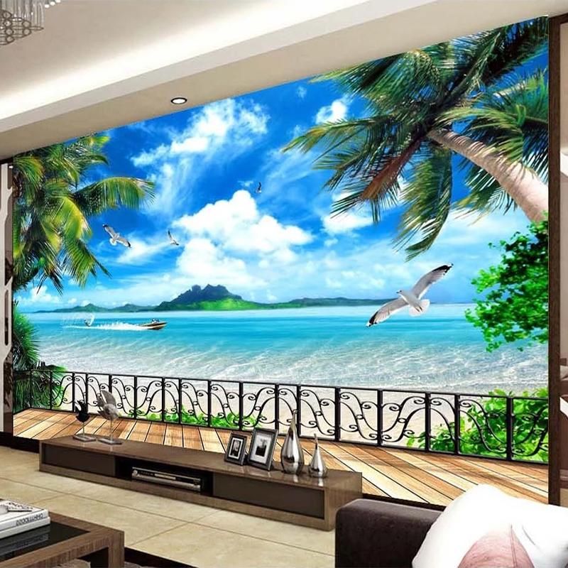 Custom 3D Wall Mural Wallpaper Modern Beach Balcony Scenery Outside Window Sea View Wall Painting Living Room TV Sofa Wallpapers