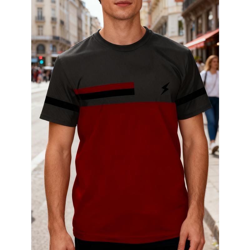 

Men s Novel Striped Casual Round Neck T-shirt with Lightning Pattern XL