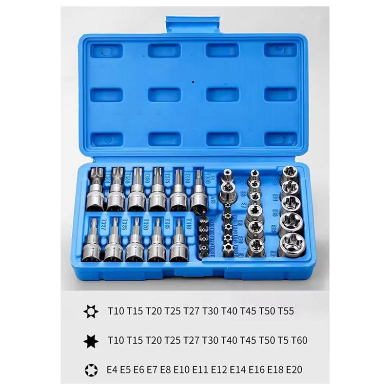 A95I-Handheld Tool 34Pcs Torx Bit Socket Set Professional& E-Torx Star Socket 1/4" 3/8" 1/2" Drive Male Female E-Torx Bits