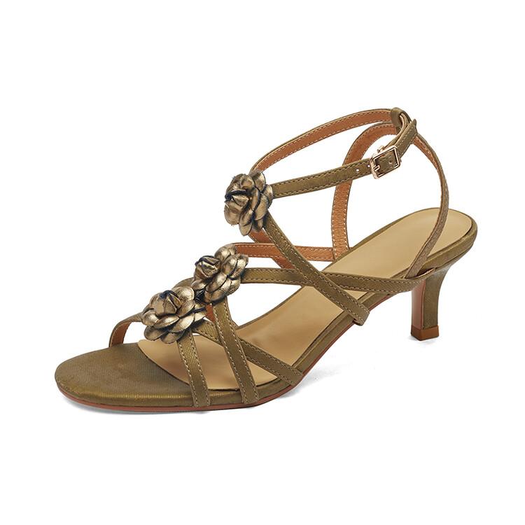 Fashion New Summer Sandals Split Leather Shoes for Women Fashion Flower Round Toe High Heels Shoes Women Ladies Shoes Zapatos De Mujer