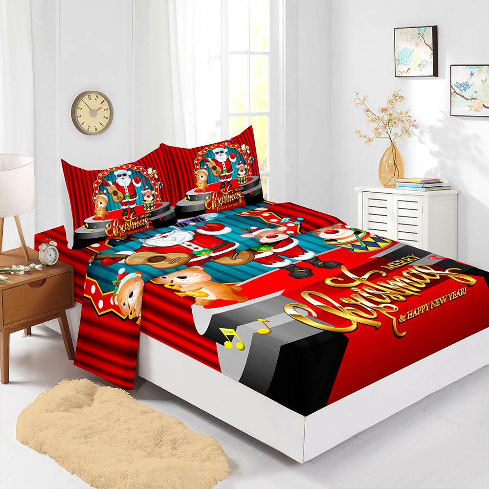 Four-Piece Mattress Set Christmas Bedding 3D Digital Printing Kit Mattress Protective Cover