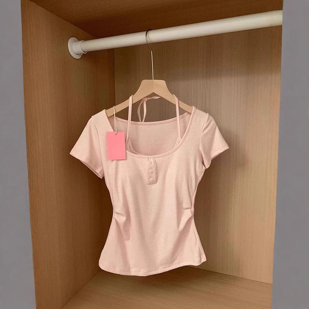 Pure desire style pink fake two-piece neck strap short-sleeved t-shirt women's summer slim-fit pleated waist short top