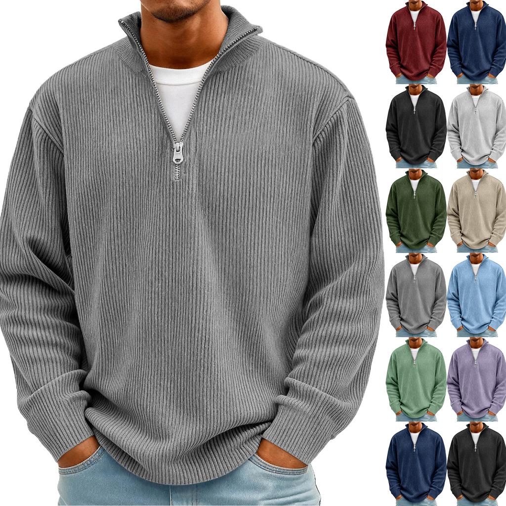 Men’s Ribbed Knit Pullover Sweater Quarter Zip Stand Collar Long Sleeve Casual Loose Fit Top